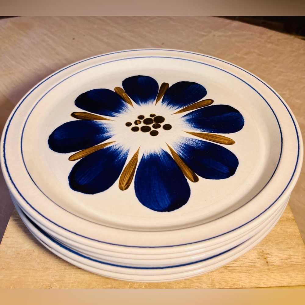 6 Vintage Brendan Erin Stone Hand Painted Dinner Plates. MCM